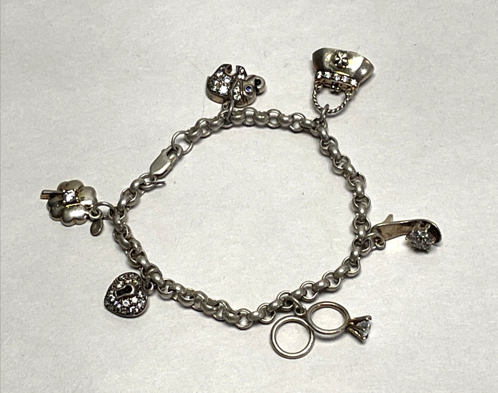 925 Sterling Silver Charm Bracelet 6 Pave Charms Heart Padlock Shoe Purse 7in